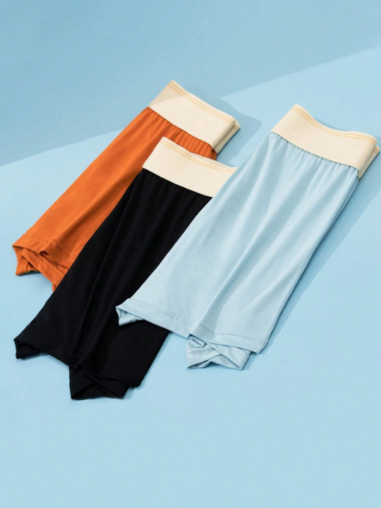Men's 3pcs Contrast Color Soft Breathable Skin-Friendly Flat-Angle Underwear With Elastic Waistband