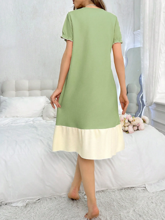 Women's Colorblock Button Detail Ruffle Trim Decor Short Sleeve Sleep Dress