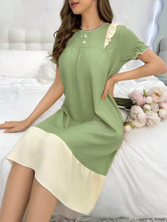 Women's Colorblock Button Detail Ruffle Trim Decor Short Sleeve Sleep Dress