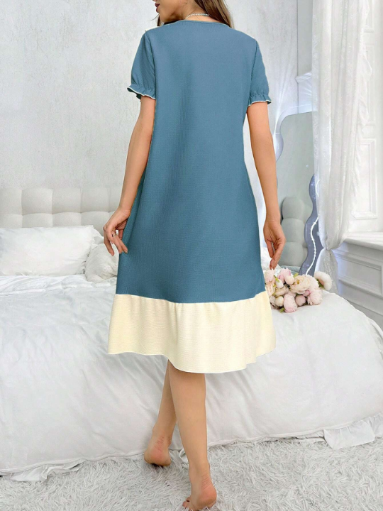 Ladies' Color Block Ruffle Trim Bubble Sleeve Sleep Dress