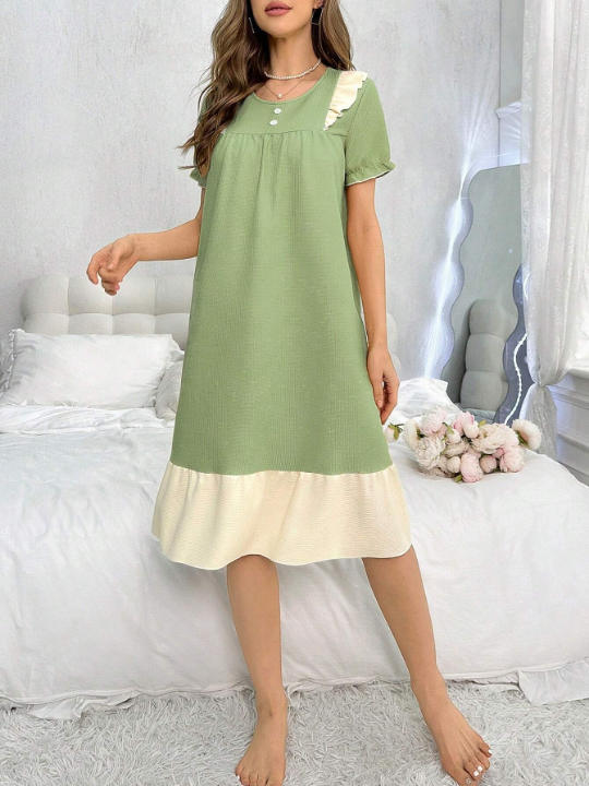 Women's Colorblock Button Detail Ruffle Trim Decor Short Sleeve Sleep Dress