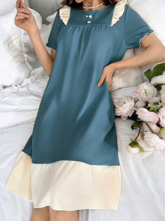 Ladies' Color Block Ruffle Trim Bubble Sleeve Sleep Dress