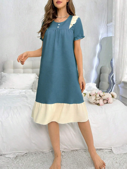 Ladies' Color Block Ruffle Trim Bubble Sleeve Sleep Dress