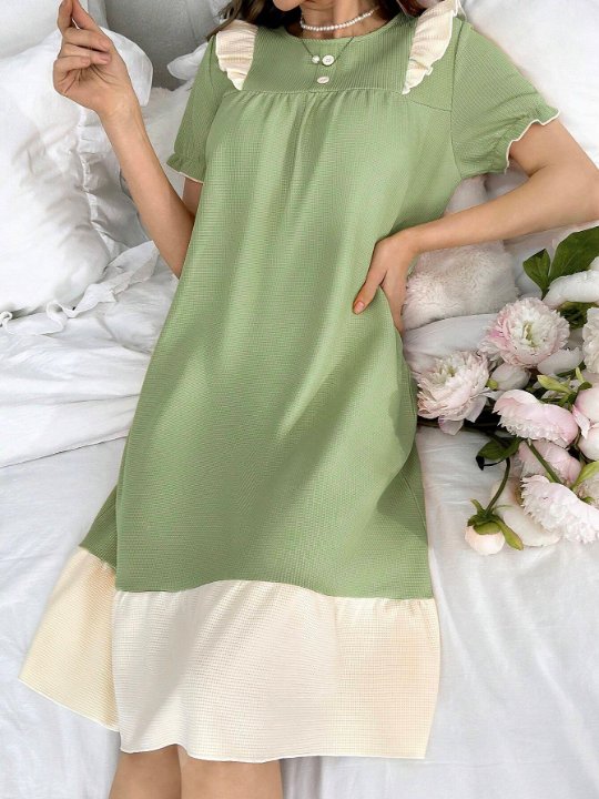 Women's Colorblock Button Detail Ruffle Trim Decor Short Sleeve Sleep Dress