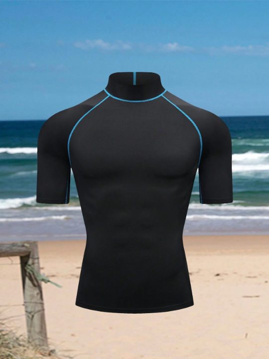 Men's High Elasticity Quick Drying Durable Silky Skin-Friendly Short Sleeve Swimwear, Compression Shirt Surfing Suit, Swimming Top