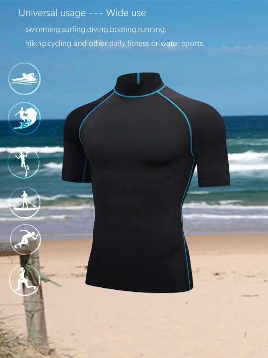 Men's High Elasticity Quick Drying Durable Silky Skin-Friendly Short Sleeve Swimwear, Compression Shirt Surfing Suit, Swimming Top