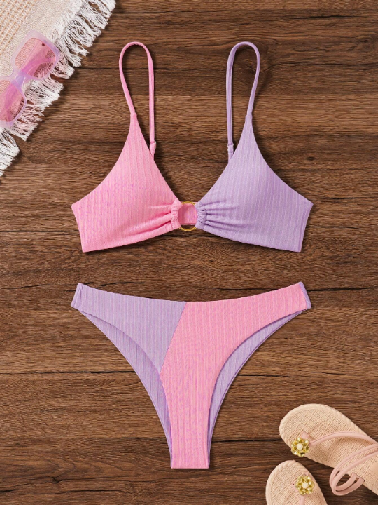 Swim Vcay Color-Block Bikini Set With Circular Detailing, Triangle Cup And Separated Bottoms