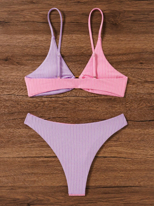 Swim Vcay Color-Block Bikini Set With Circular Detailing, Triangle Cup And Separated Bottoms