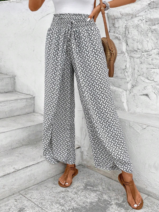 Frenchy Allover Print Knot Waist Tulip Hem Wide Leg Baggy Cross Over Pants