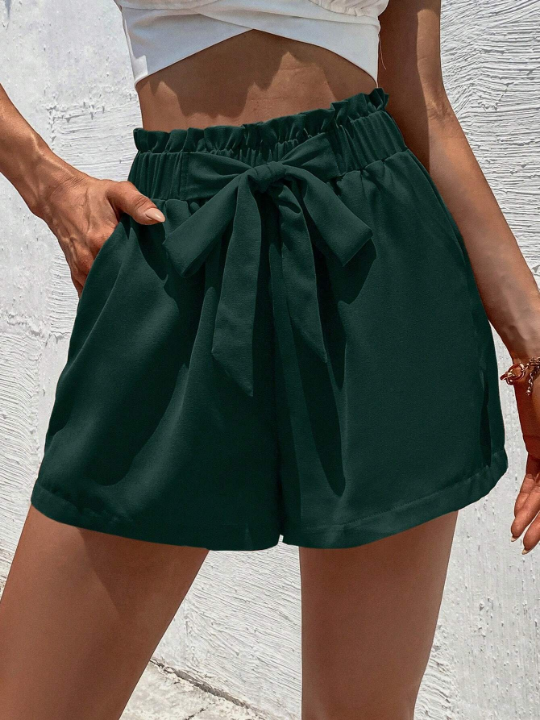 Frenchy Women's Solid Colored Belted Shorts With Lace Decoration