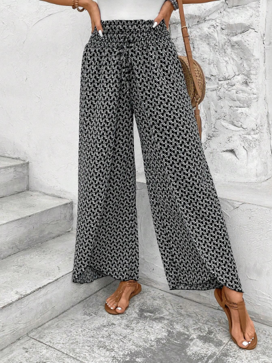 Frenchy Allover Print Knot Waist Tulip Hem Wide Leg Baggy Cross Over Pants