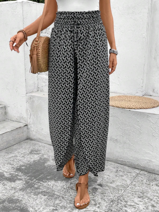 Frenchy Allover Print Knot Waist Tulip Hem Wide Leg Baggy Cross Over Pants