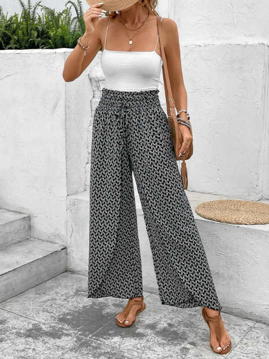 Frenchy Allover Print Knot Waist Tulip Hem Wide Leg Baggy Cross Over Pants