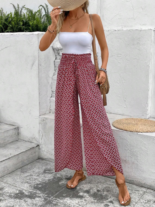 Frenchy Allover Print Knot Waist Tulip Hem Wide Leg Baggy Cross Over Pants