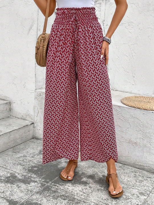 Frenchy Allover Print Knot Waist Tulip Hem Wide Leg Baggy Cross Over Pants