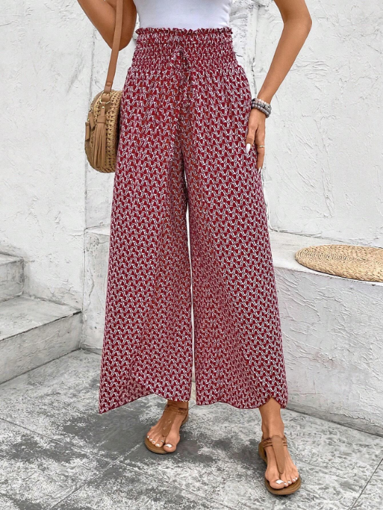 Frenchy Allover Print Knot Waist Tulip Hem Wide Leg Baggy Cross Over Pants