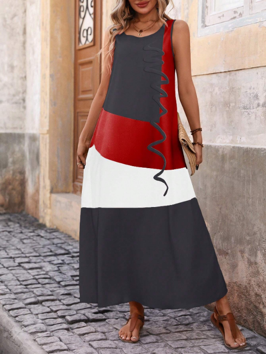 Contrast Color Sleeveless Dress With Hidden Pockets