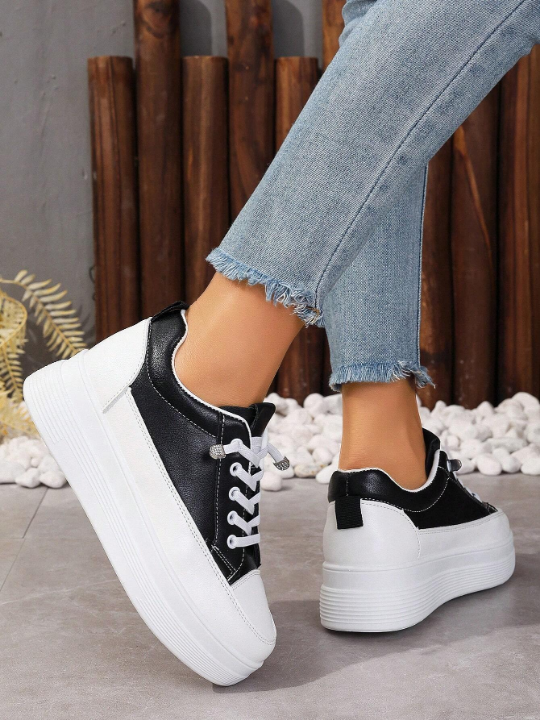 Fashionable Chunky Platform Sneakers For Women With Soft Sole, Leather Patchwork And Slip-On Design