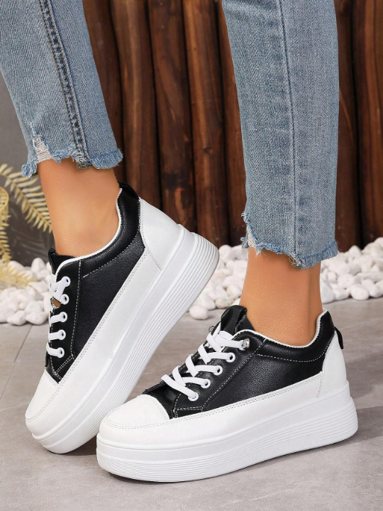 Fashionable Chunky Platform Sneakers For Women With Soft Sole, Leather Patchwork And Slip-On Design