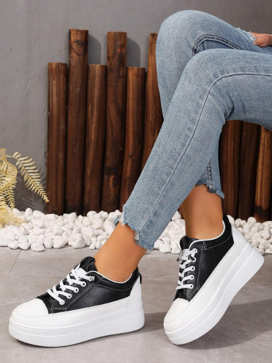 Fashionable Chunky Platform Sneakers For Women With Soft Sole, Leather Patchwork And Slip-On Design