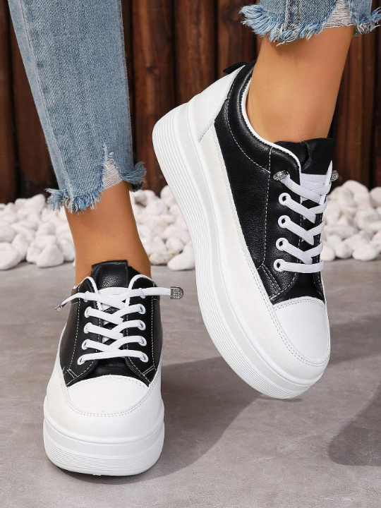 Fashionable Chunky Platform Sneakers For Women With Soft Sole, Leather Patchwork And Slip-On Design