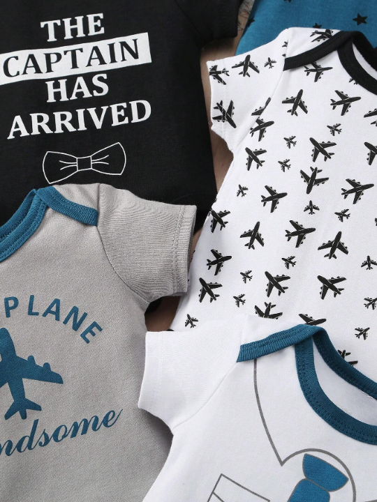 Baby Boy 5-Piece Set, New Style Airplane, Letter, Tie And Star Printed Triangle Romper