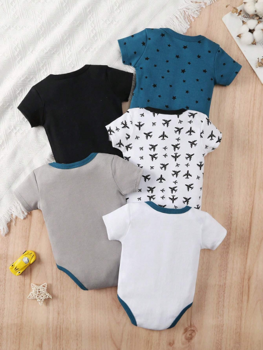 Baby Boy 5-Piece Set, New Style Airplane, Letter, Tie And Star Printed Triangle Romper