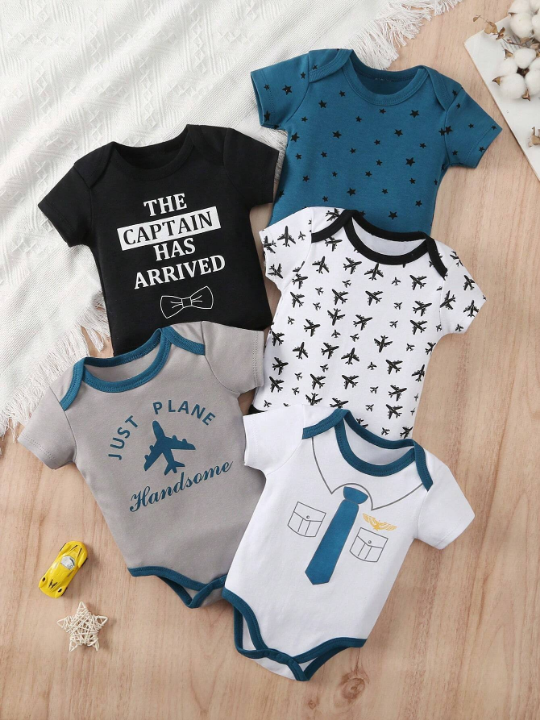 Baby Boy 5-Piece Set, New Style Airplane, Letter, Tie And Star Printed Triangle Romper