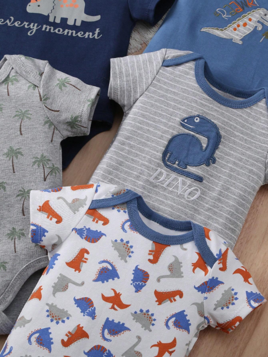 5pcs/Set New Style Short Sleeve Romper With Dinosaur & Coconut Tree Print For Baby Boy