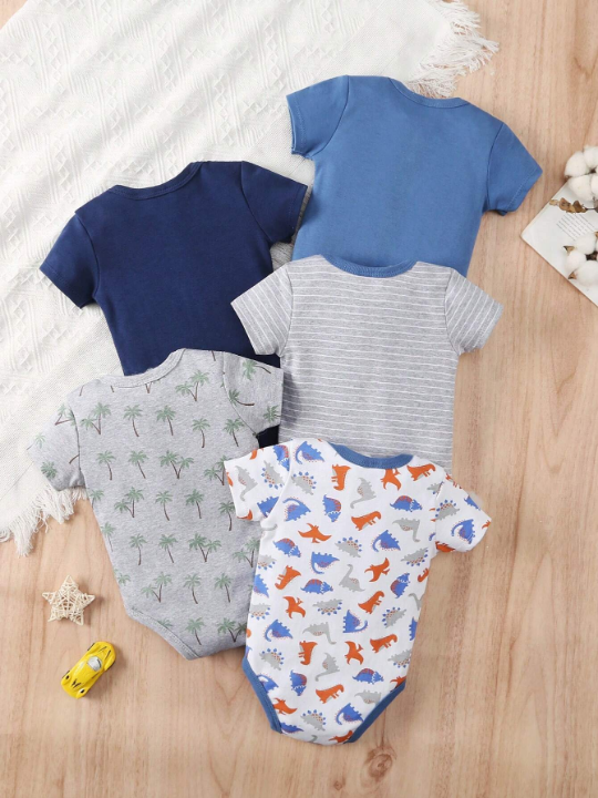 5pcs/Set New Style Short Sleeve Romper With Dinosaur & Coconut Tree Print For Baby Boy