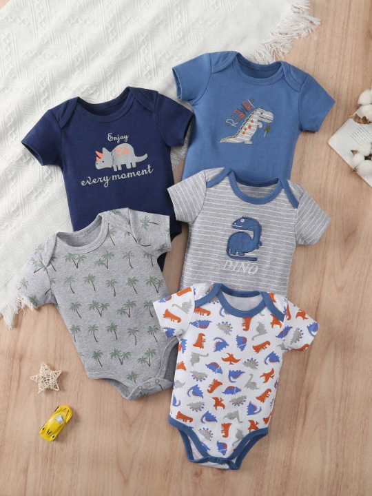 5pcs/Set New Style Short Sleeve Romper With Dinosaur & Coconut Tree Print For Baby Boy