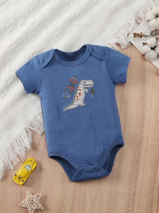 5pcs/Set New Style Short Sleeve Romper With Dinosaur & Coconut Tree Print For Baby Boy