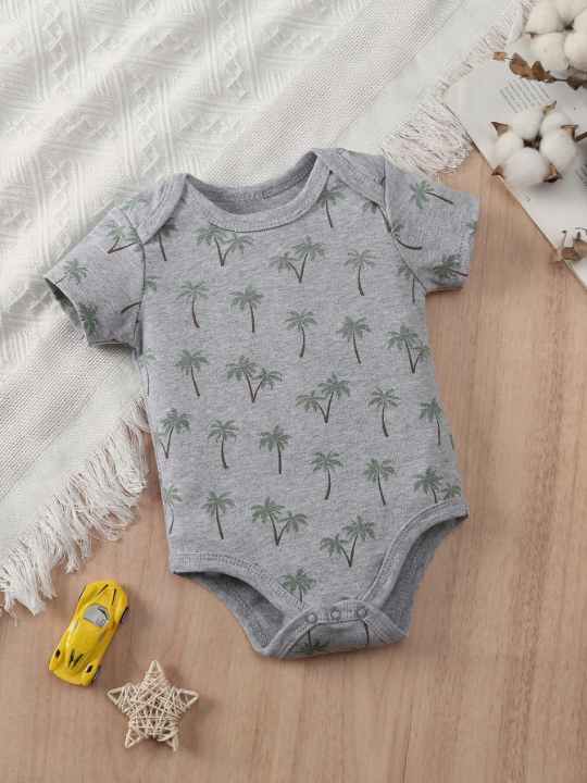 5pcs/Set New Style Short Sleeve Romper With Dinosaur & Coconut Tree Print For Baby Boy