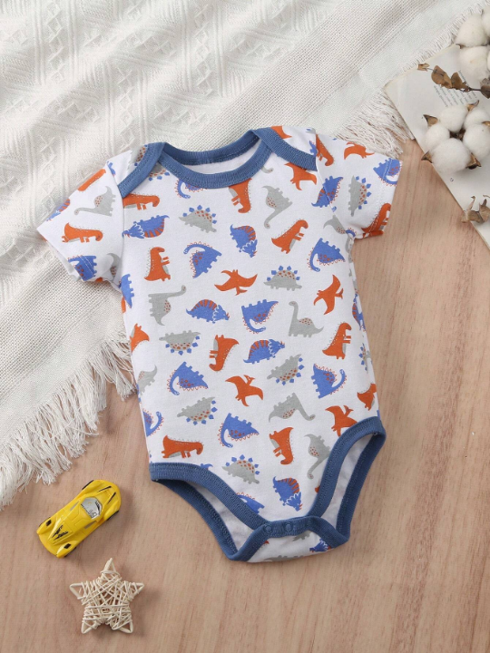 5pcs/Set New Style Short Sleeve Romper With Dinosaur & Coconut Tree Print For Baby Boy