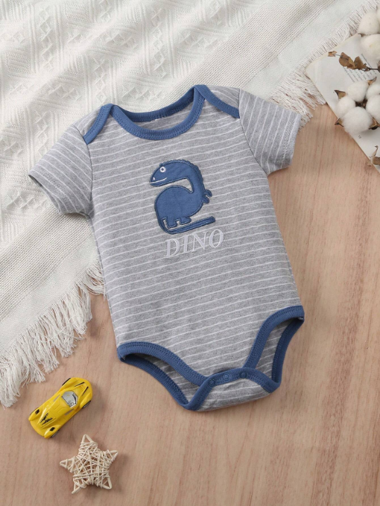 5pcs/Set New Style Short Sleeve Romper With Dinosaur & Coconut Tree Print For Baby Boy