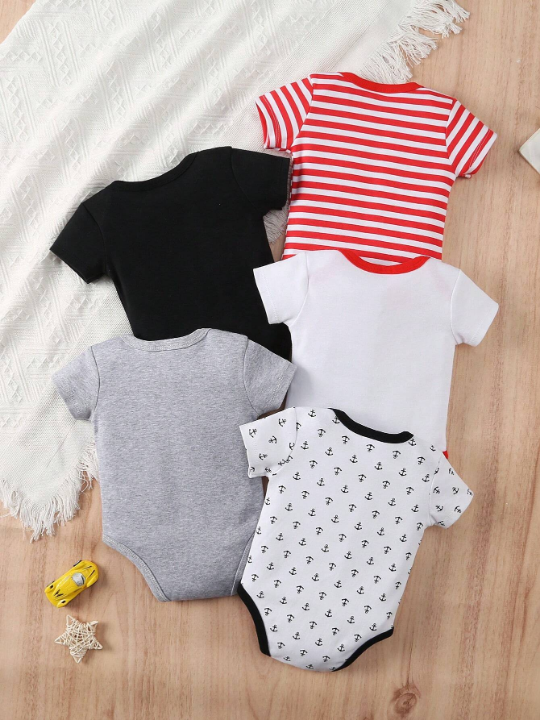 Baby Boy 5pcs/Set Sailboat, Anchor, Striped And Letter Printed Triangle Rompers Set