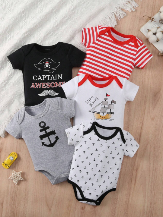 Baby Boy 5pcs/Set Sailboat, Anchor, Striped And Letter Printed Triangle Rompers Set