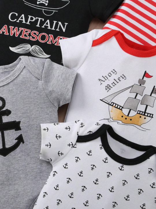 Baby Boy 5pcs/Set Sailboat, Anchor, Striped And Letter Printed Triangle Rompers Set