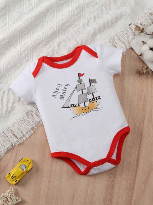 Baby Boy 5pcs/Set Sailboat, Anchor, Striped And Letter Printed Triangle Rompers Set