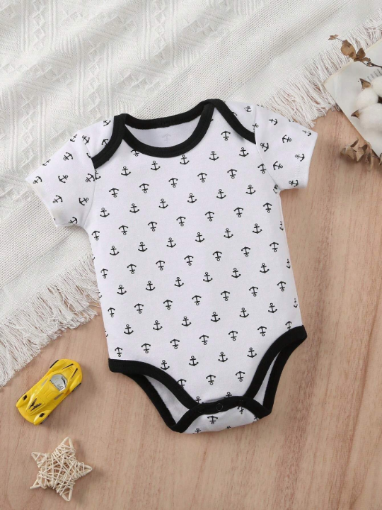 Baby Boy 5pcs/Set Sailboat, Anchor, Striped And Letter Printed Triangle Rompers Set