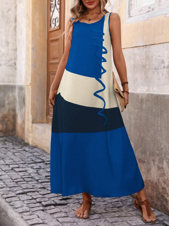 Color Block Straight Dress With Oblique Pockets