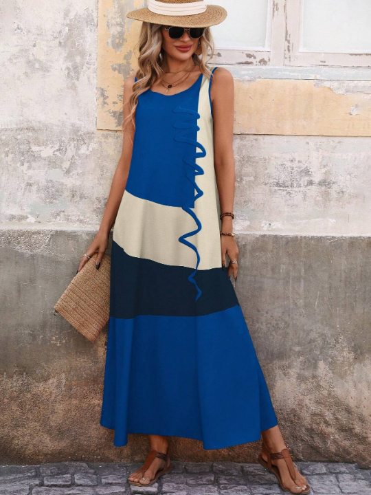 Color Block Straight Dress With Oblique Pockets