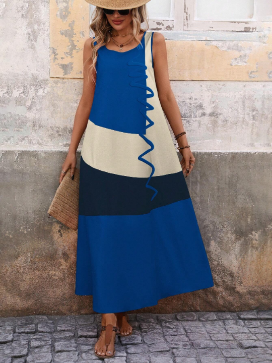 Color Block Straight Dress With Oblique Pockets