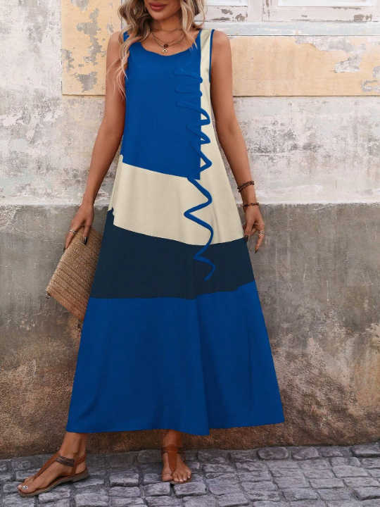 Color Block Straight Dress With Oblique Pockets