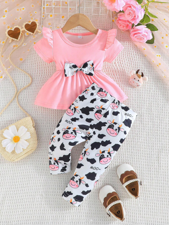 Baby Girl Summer Short Sleeve Ruffle Round Neck Top With Bow Decoration And Cow Print Pants Casual Outfit Set