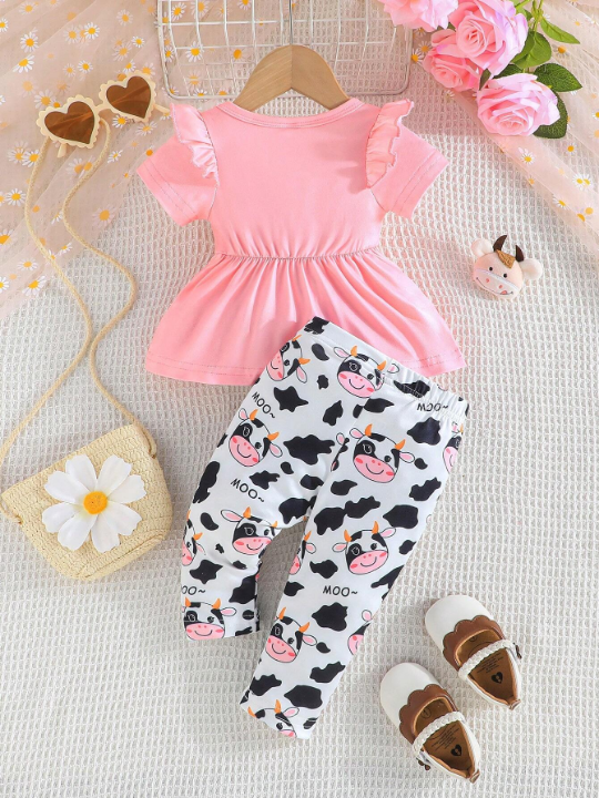 Baby Girl Summer Short Sleeve Ruffle Round Neck Top With Bow Decoration And Cow Print Pants Casual Outfit Set