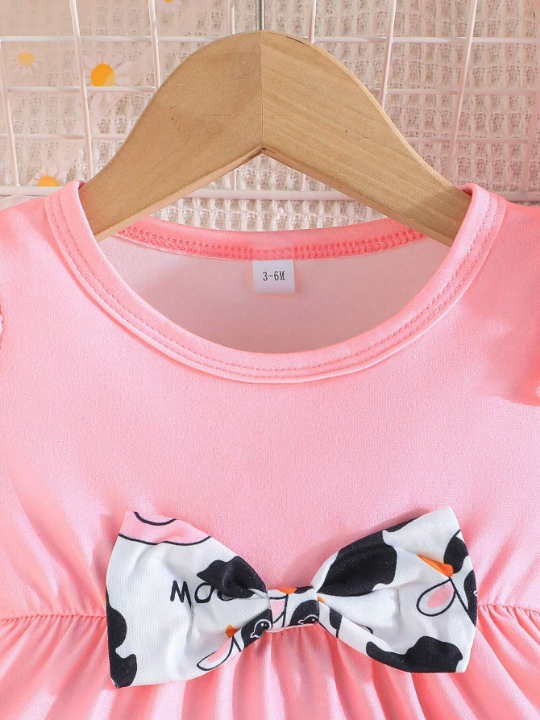 Baby Girl Summer Short Sleeve Ruffle Round Neck Top With Bow Decoration And Cow Print Pants Casual Outfit Set