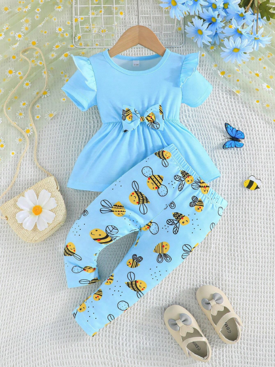 Baby Girls' Summer Short Sleeve Top With Ruffle Shoulder & Bowknot Detailing And Bee Printed Long Pants Casual Outfits