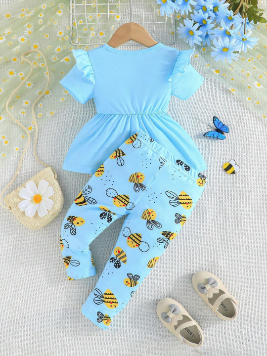 Baby Girls' Summer Short Sleeve Top With Ruffle Shoulder & Bowknot Detailing And Bee Printed Long Pants Casual Outfits