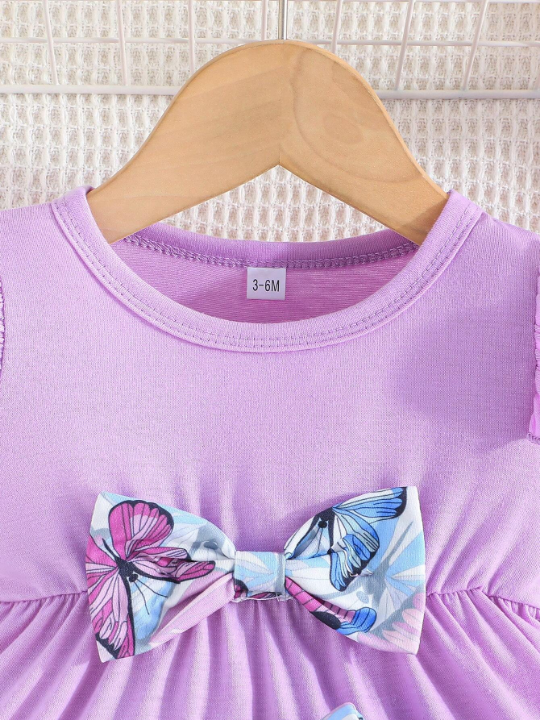 Baby Girl Summer Bow Detail Ruffle Trim Top And Butterfly Printed Pants